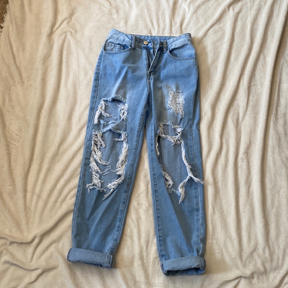 Light wash blue jeans wide leg ripped medium-high rise - XS- S